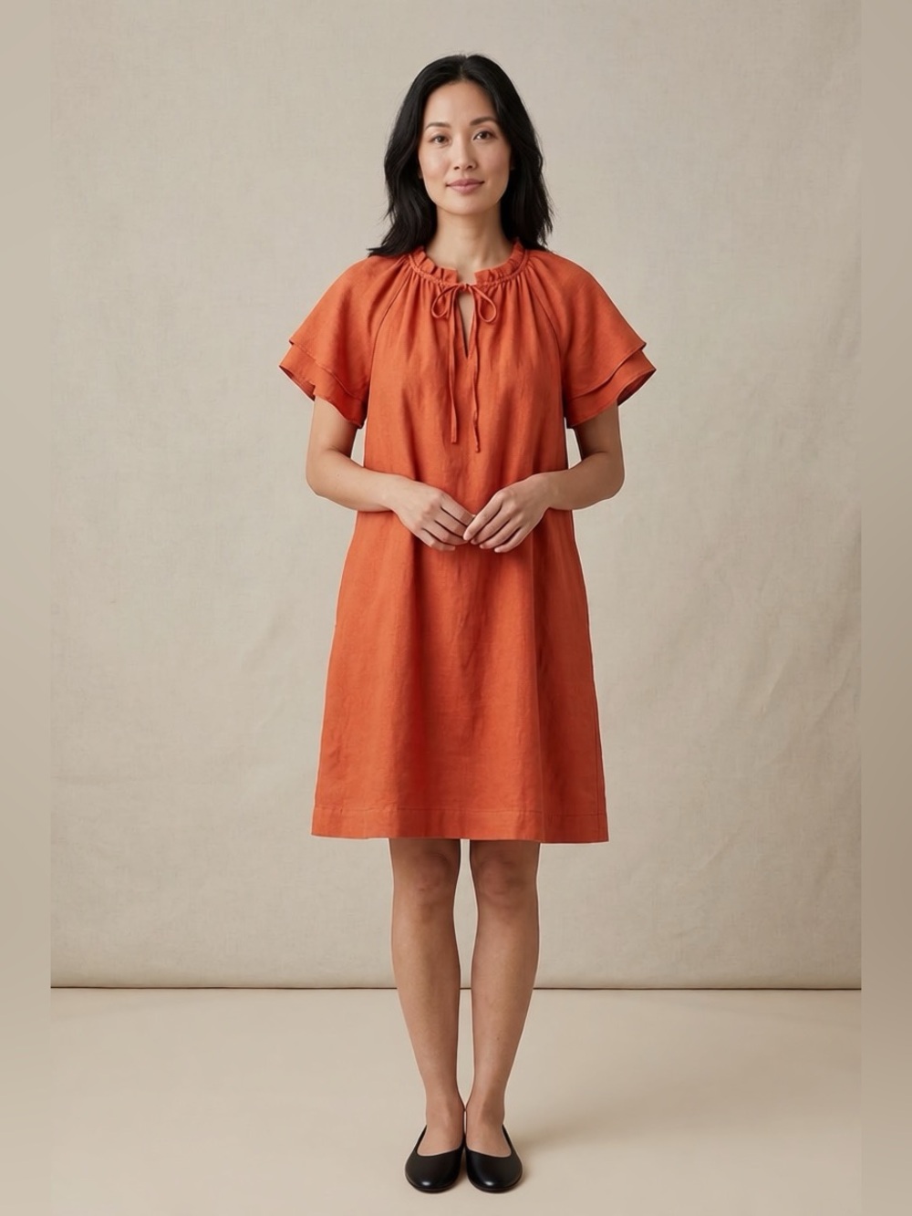 Coral Flutter Sleeve Linen-Blend Dress - XL
